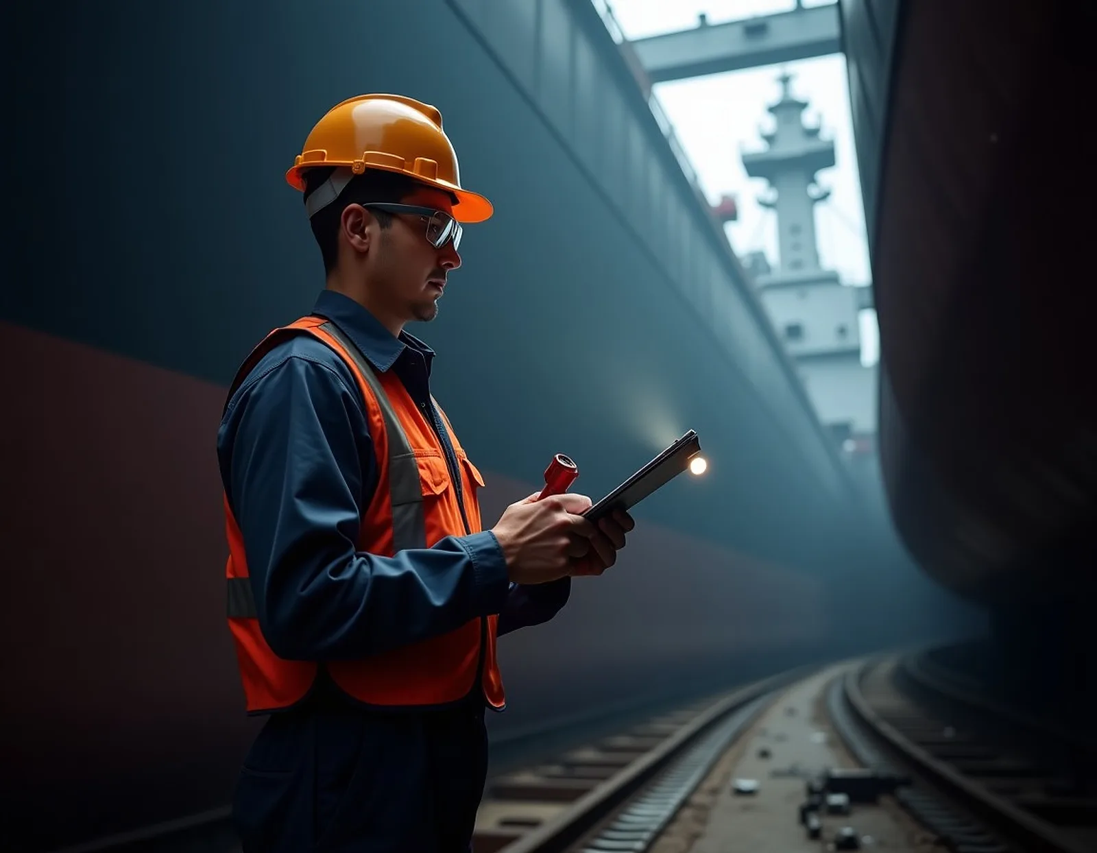 Marine surveyor with clipboard and torch inspecting a ship cargo hold