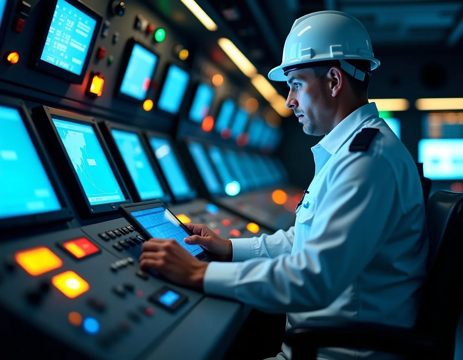 Chief engineer reading data on an engine control room panel