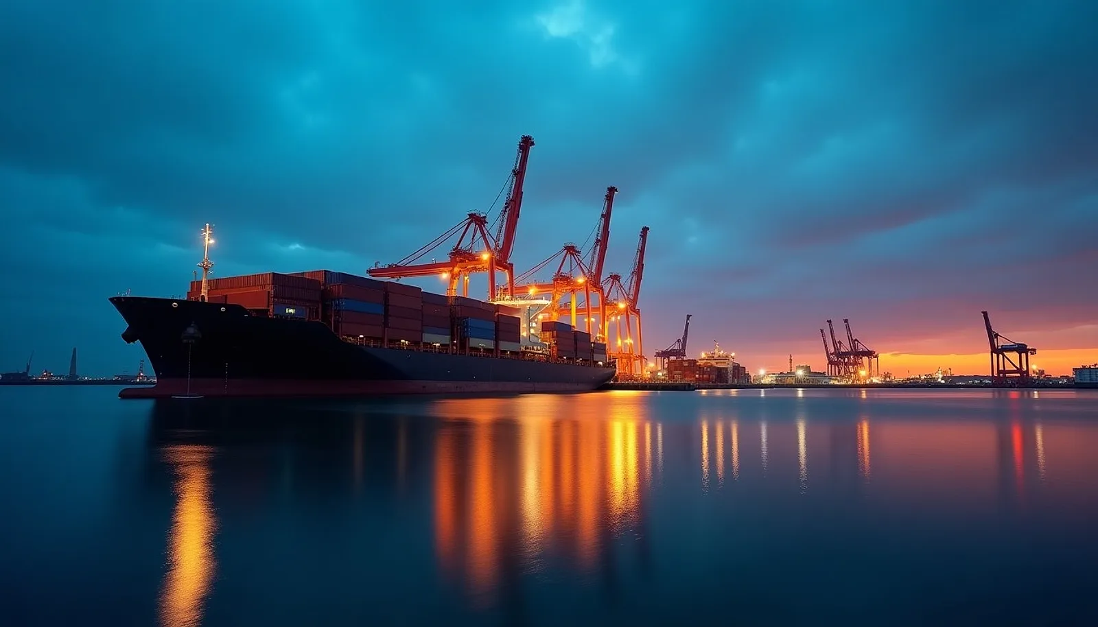 Container ship berthed at a busy port at dusk with lit quay cranes