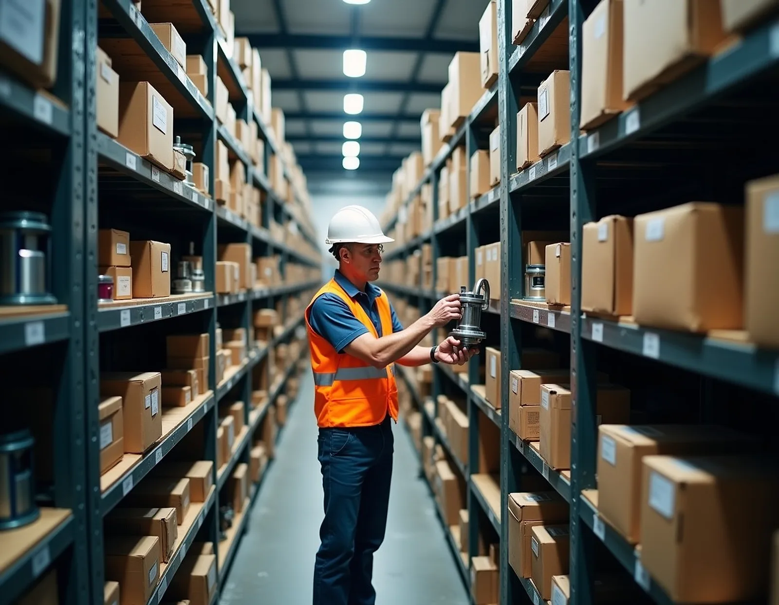 Storekeeper scanning a part in a marine spares warehouse with tall shelves